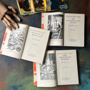 Set of Three Hardy Boys Mystery Books with Dust Jackets:  The Clue of the Broken Blade, The Flickering Torchlight Mystery and The Short-Wave Mystery-Franklin W. Dixon-vintage children's chapter books-vintage mysteries for young readers-view of the title pages & frontispieces
