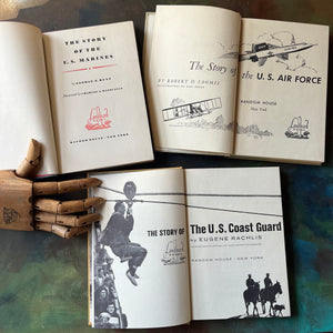 Set of Three Landmark Series History Books for Children-U.S. Airforce-U.S. Marines-U.S. Coast Guard-vintage history books-view of the title pages