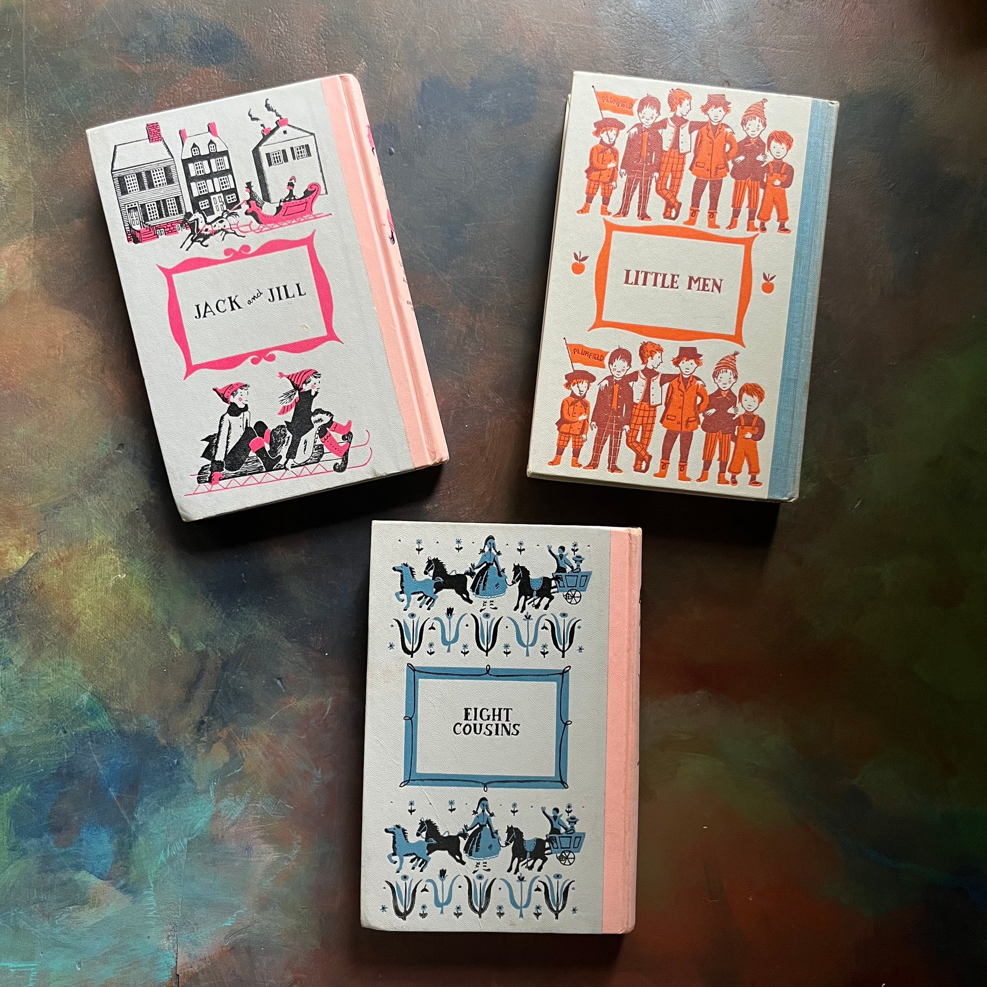 Set of Three Louisa May Alcott Books-Jack & Jill-Little Men-Eight Cousins-junior deluxe editions-vintage children's chapter books-view of the back covers