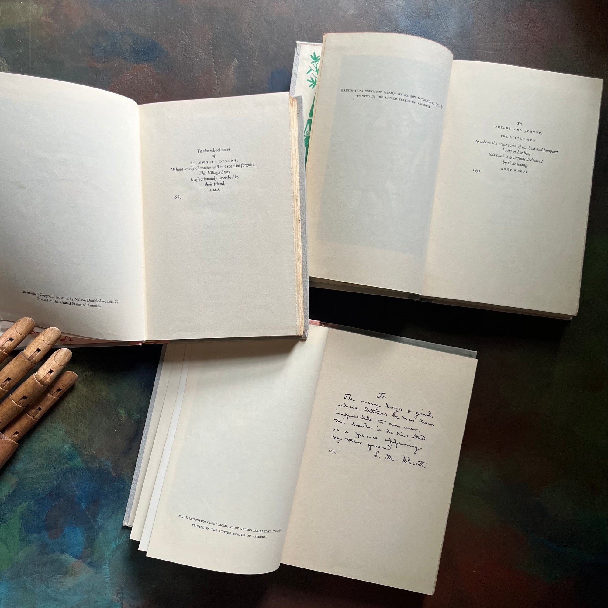 Set of Three Louisa May Alcott Books-Jack & Jill-Little Men-Eight Cousins-junior deluxe editions-vintage children's chapter books-view of the copyright & dedication pages