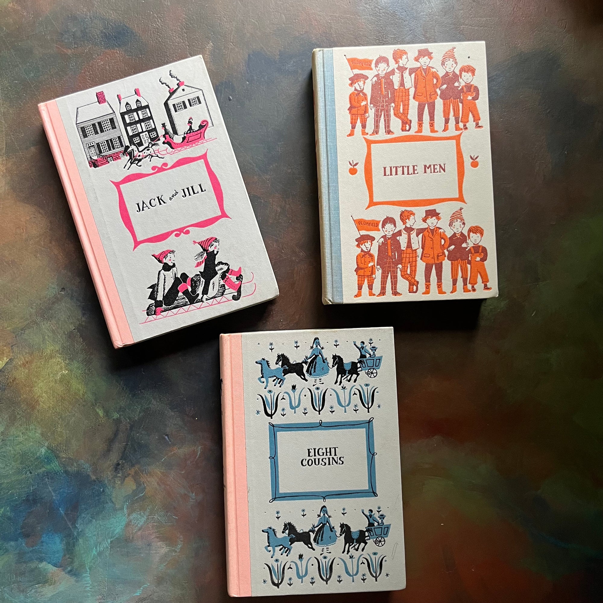Set of Three Louisa May Alcott Books-Jack & Jill-Little Men-Eight Cousins-junior deluxe editions-vintage children's chapter books-view of the front covers