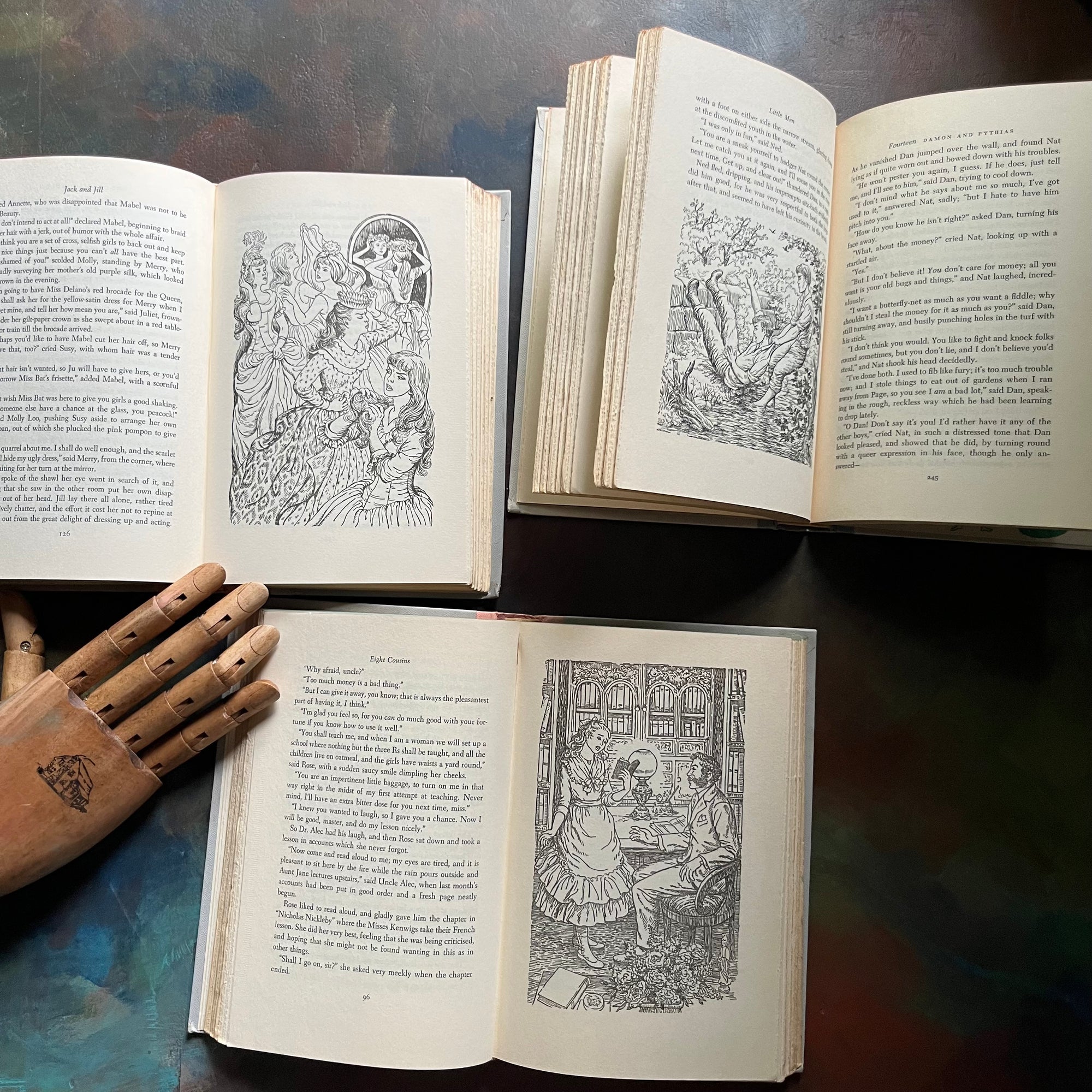 Set of Three Louisa May Alcott Books-Jack & Jill-Little Men-Eight Cousins-junior deluxe editions-vintage children's chapter books-view of the illustrations in black & white