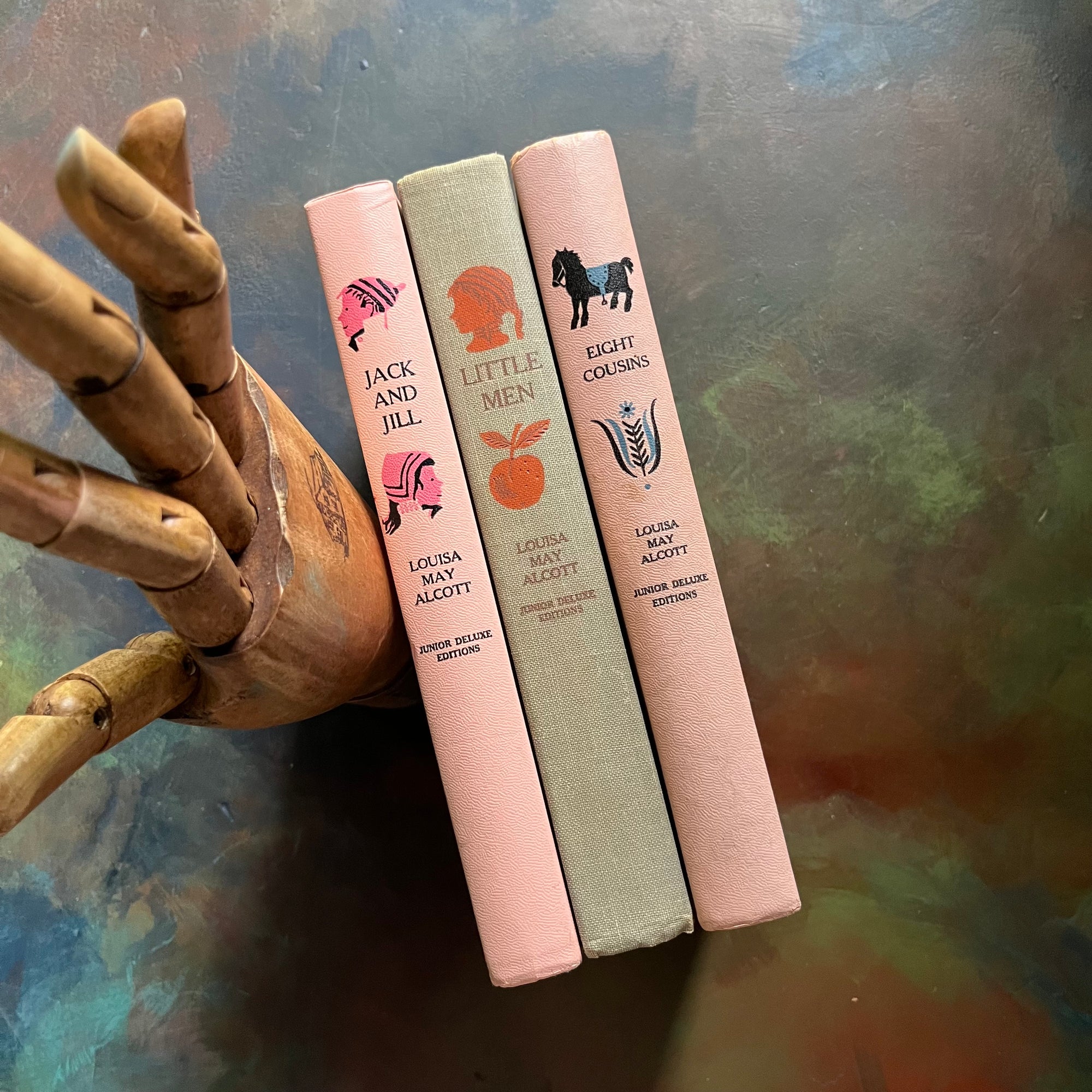 Set of Three Louisa May Alcott Books-Jack & Jill-Little Men-Eight Cousins-junior deluxe editions-vintage children's chapter books-view of the spines