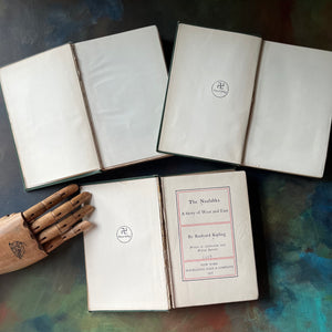 Set of Three Rudyard Kipling Novels-The Day's Work-Stalky & Co.-The Naulahka-vintage fiction-view of the symbol inside two of the books