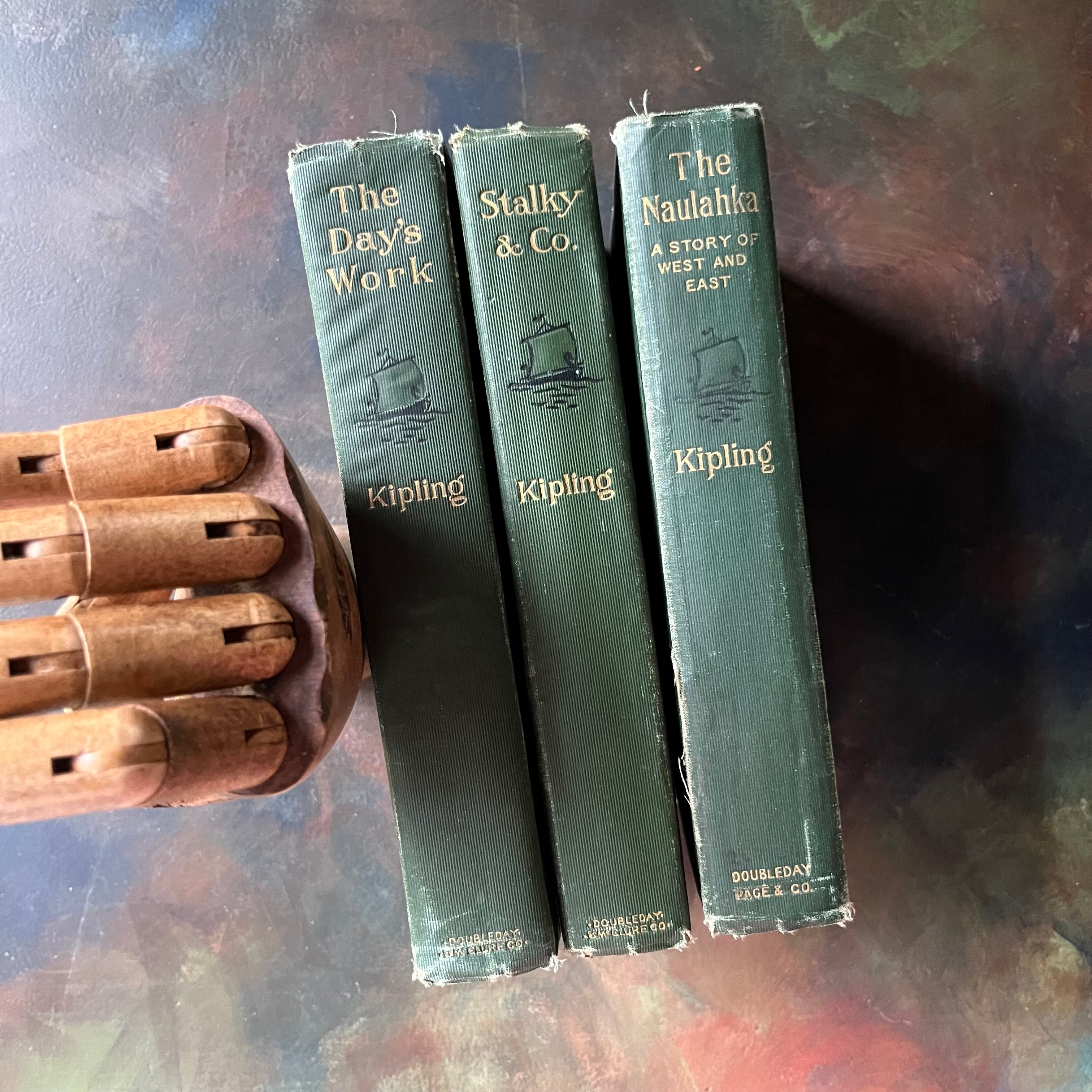 Set of Three Rudyard Kipling Novels-The Day's Work-Stalky & Co.-The Naulahka-vintage fiction-view of the embossed spines