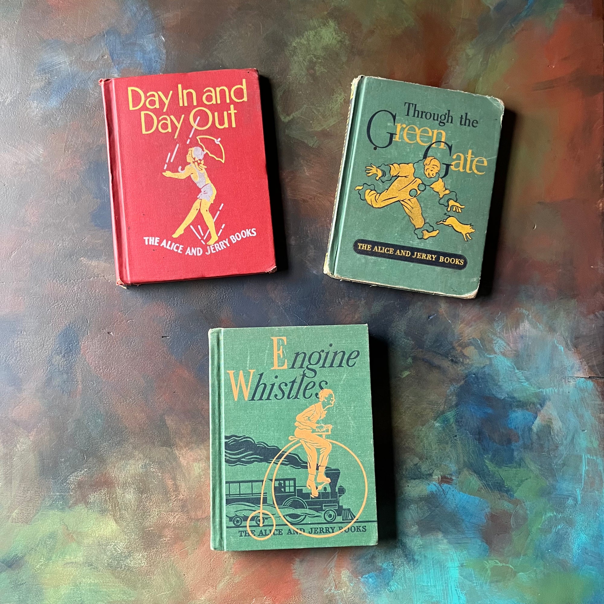 Set of Three The Alice and Jerry Books Reading Foundation Series Books-Day In and Day Out, Through the Green Gate, and Engine Whistles-vintage schoolbooks-view of the front covers
