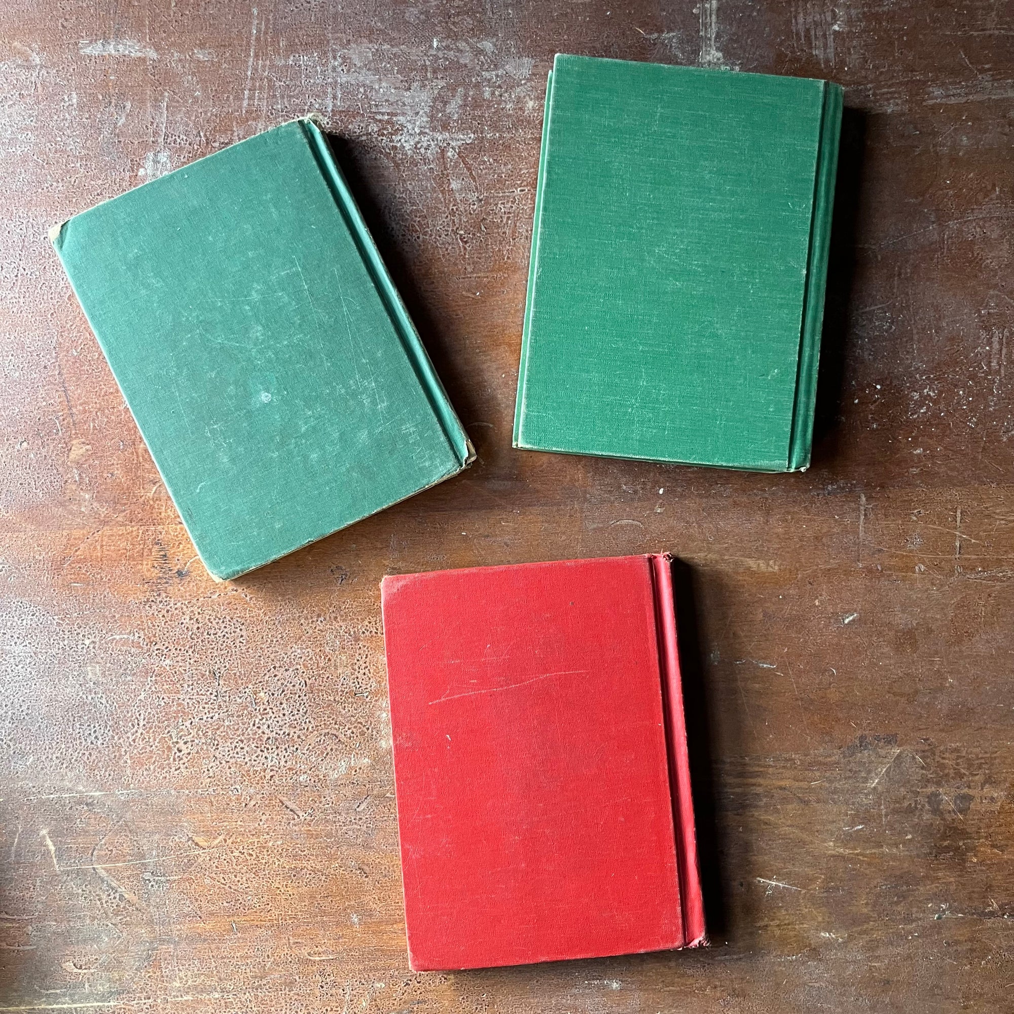 Set of Three The Alice and Jerry Books Reading Foundation Series Books-Day In and Day Out, Through the Green Gate, and Engine Whistles-vintage schoolbooks-view of the back covers in solid colors - two green & one red