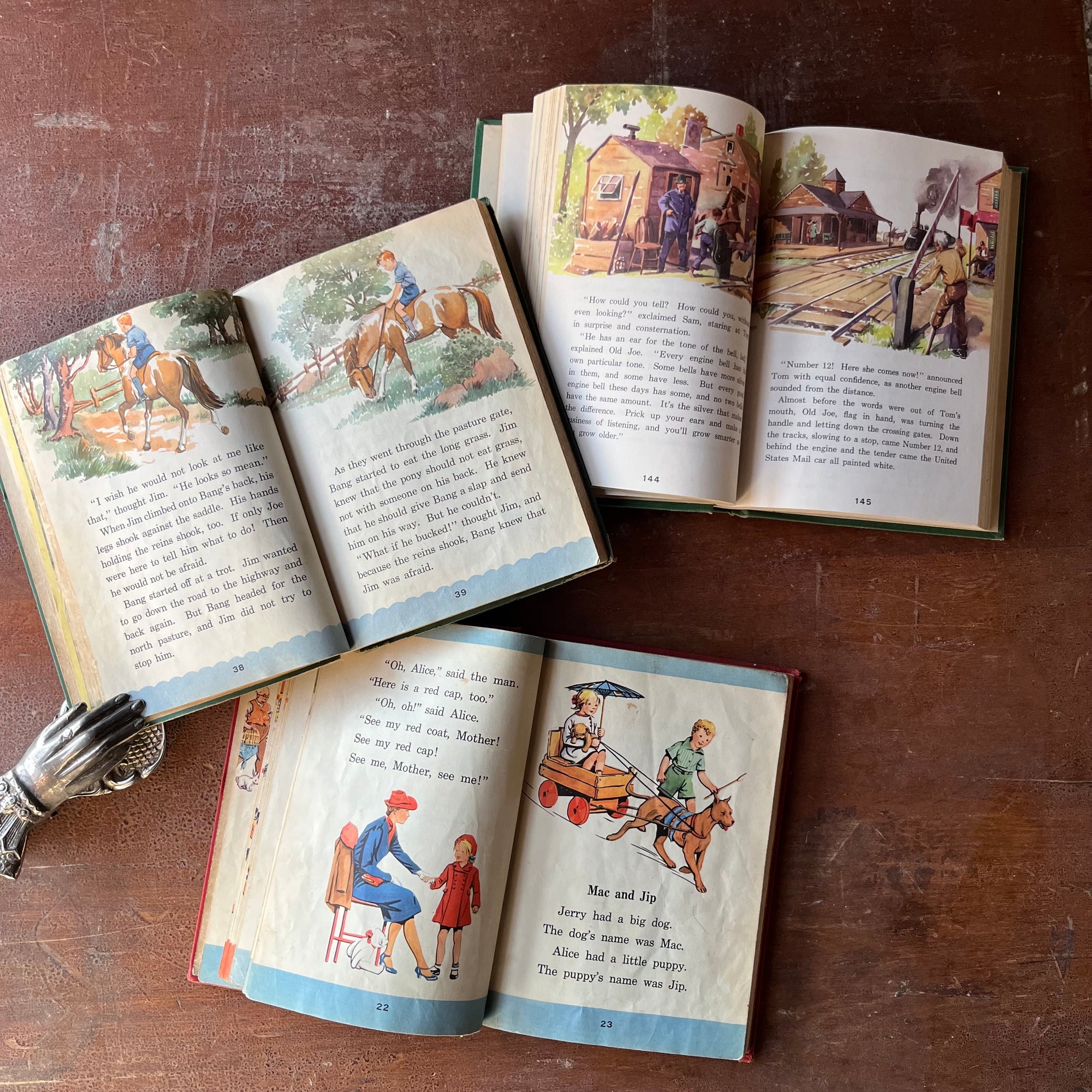 Set of Three The Alice and Jerry Books Reading Foundation Series Books-Day In and Day Out, Through the Green Gate, and Engine Whistles-vintage schoolbooks-view of the illustrations 