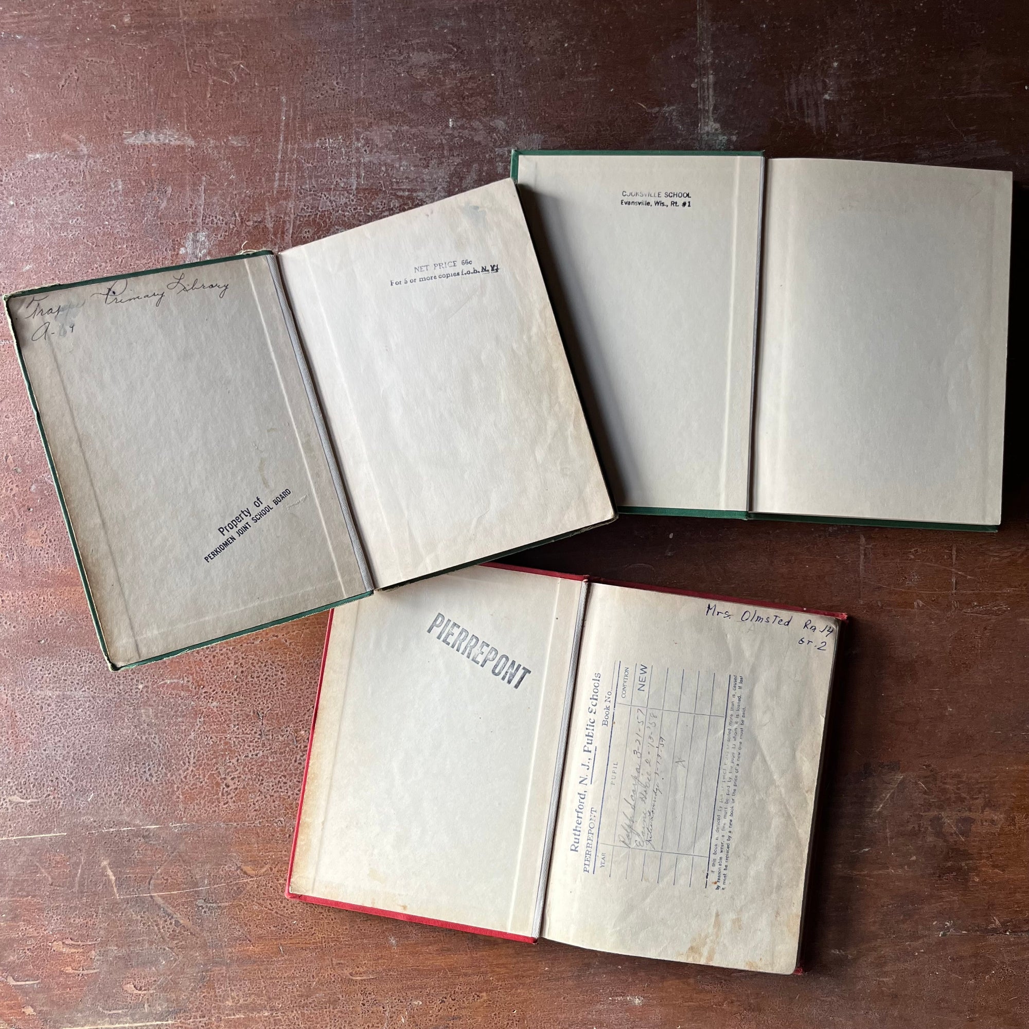 Set of Three The Alice and Jerry Books Reading Foundation Series Books-Day In and Day Out, Through the Green Gate, and Engine Whistles-vintage schoolbooks-view of the inside covers