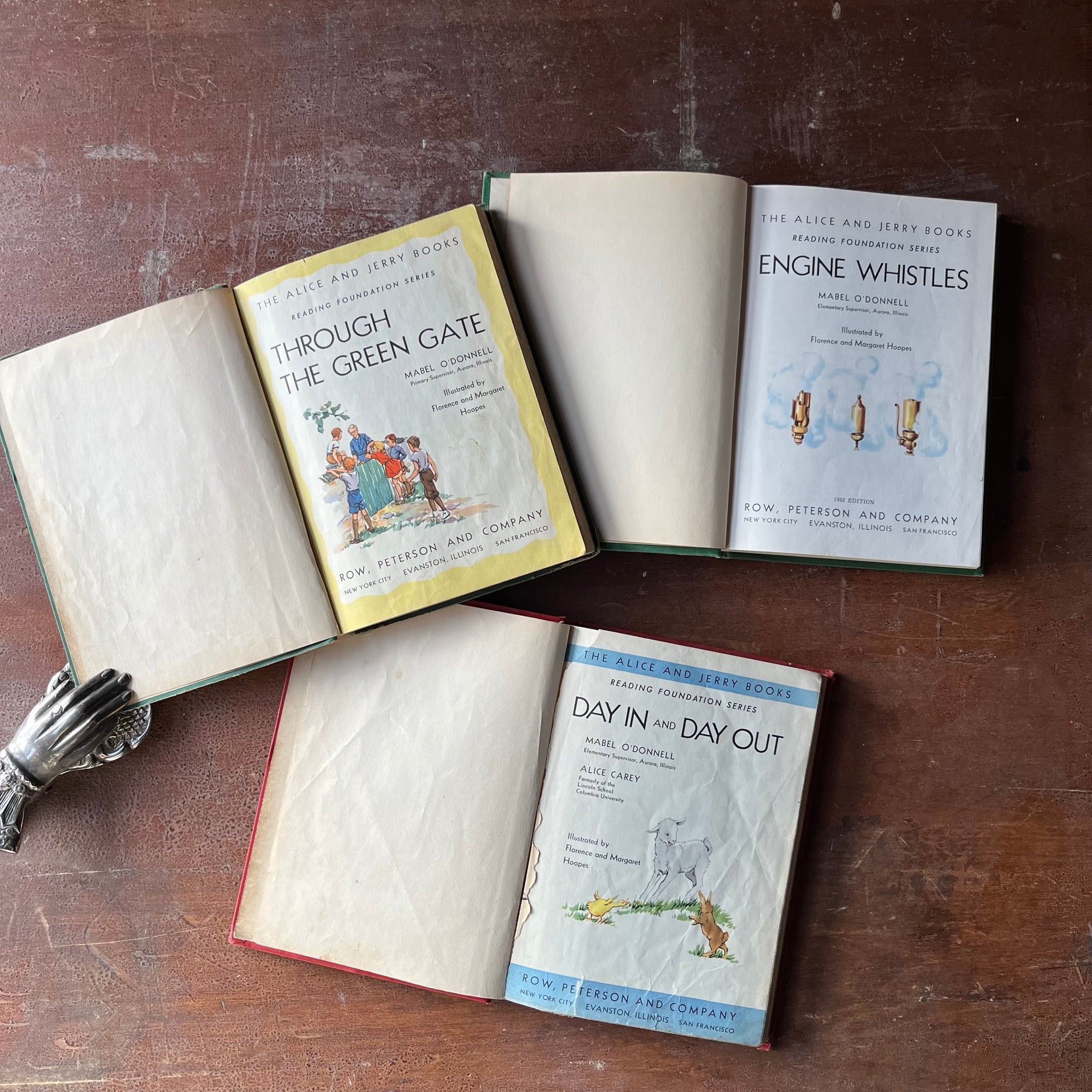 Set of Three The Alice and Jerry Books Reading Foundation Series Books-Day In and Day Out, Through the Green Gate, and Engine Whistles-vintage schoolbooks-view of the title pages