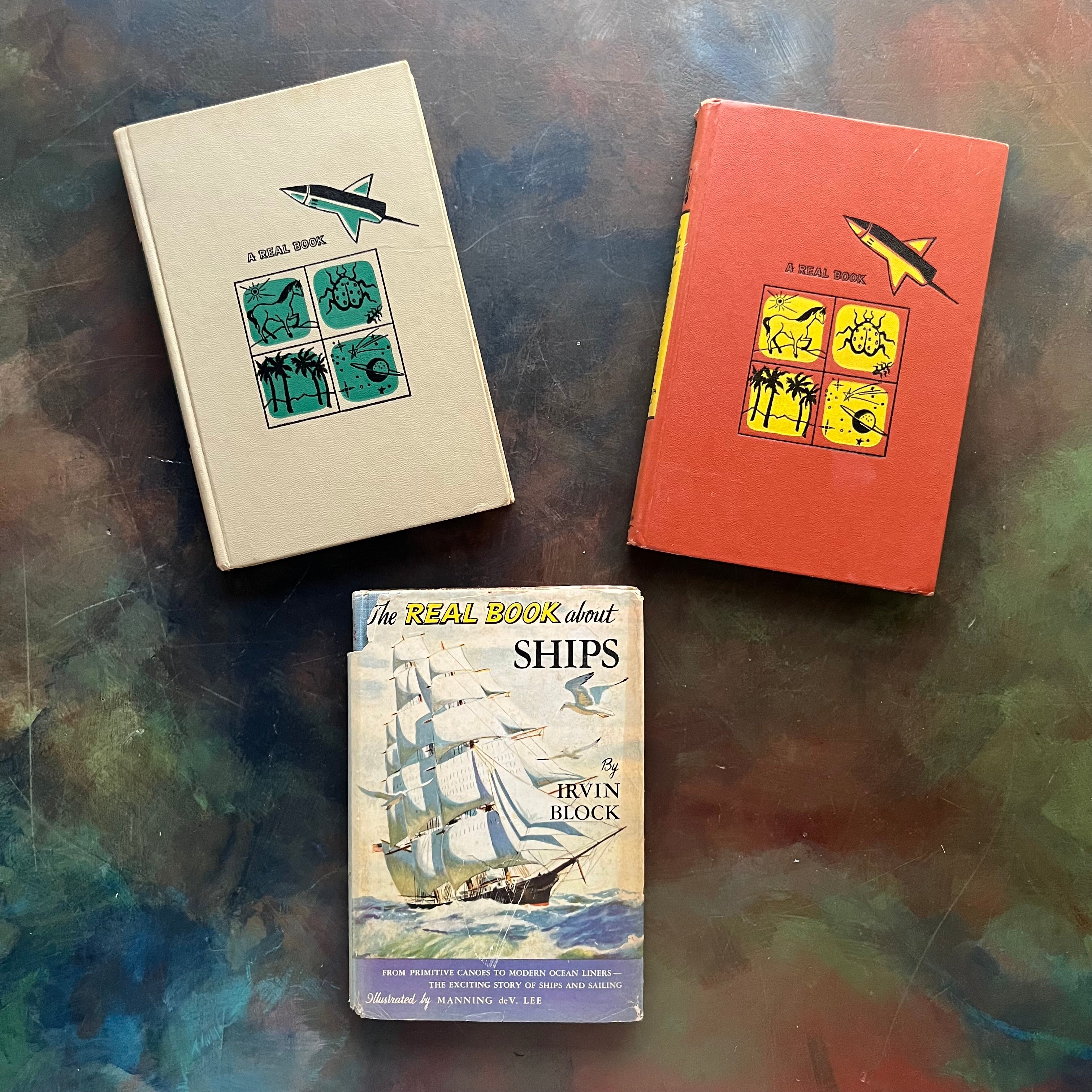 Set of Three The Real Book About Books-Ships-The Wild West-Great American Journeys-living history books for kids-vintage children's books-view of the front covers with Ships showing its dust jacketed cover