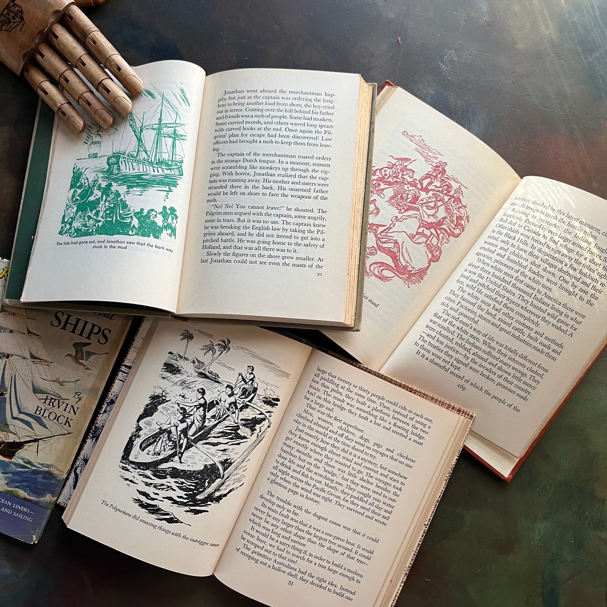 Set of Three The Real Book About Books-Ships-The Wild West-Great American Journeys-living history books for kids-vintage children's books-view of the illustrations