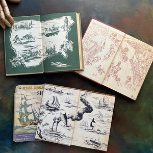 Set of Three The Real Book About Books-Ships-The Wild West-Great American Journeys-living history books for kids-vintage children's books-view of the inside covers depicting scenes related to each title