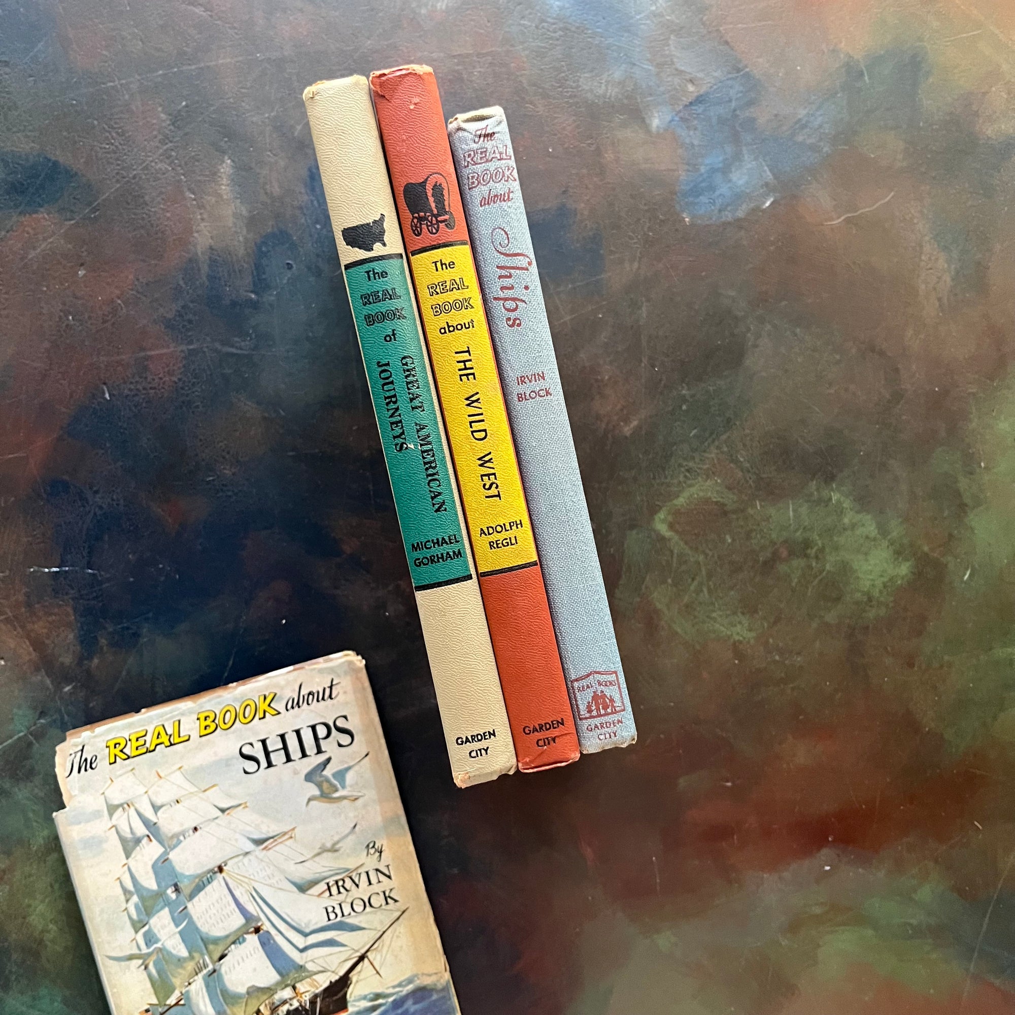 Set of Three The Real Book About Books-Ships-The Wild West-Great American Journeys-living history books for kids-vintage children's books-view of the spines
