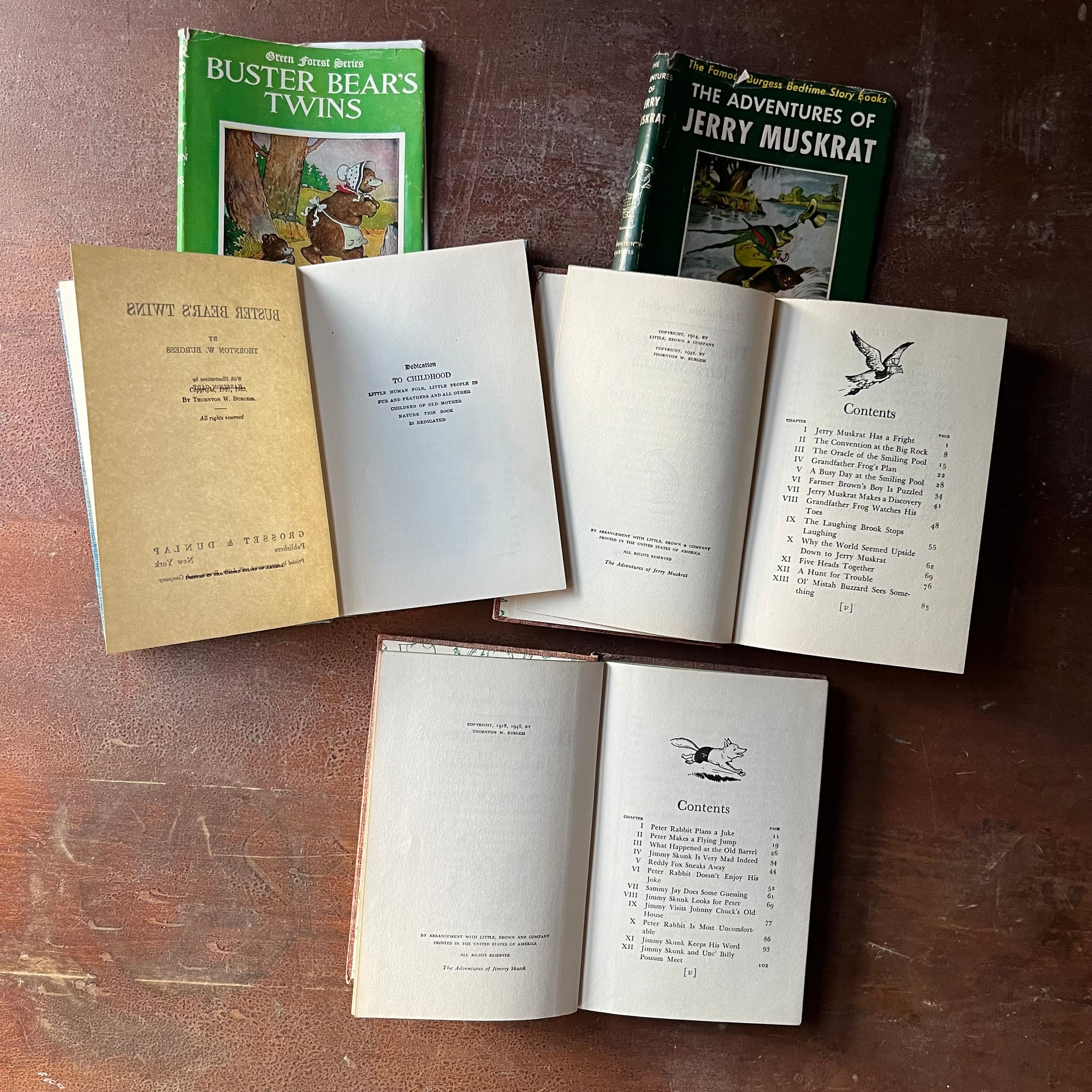vintage children's chapter books, antiquarian books for children - Set of Three Thorton W. Burgess Books:  Buster Bears Twins, The Adventures of Jerry Muskrat, and The Adventures of Jimmy Skunk all illustrated by Harrison Cady - view of the copyright pages