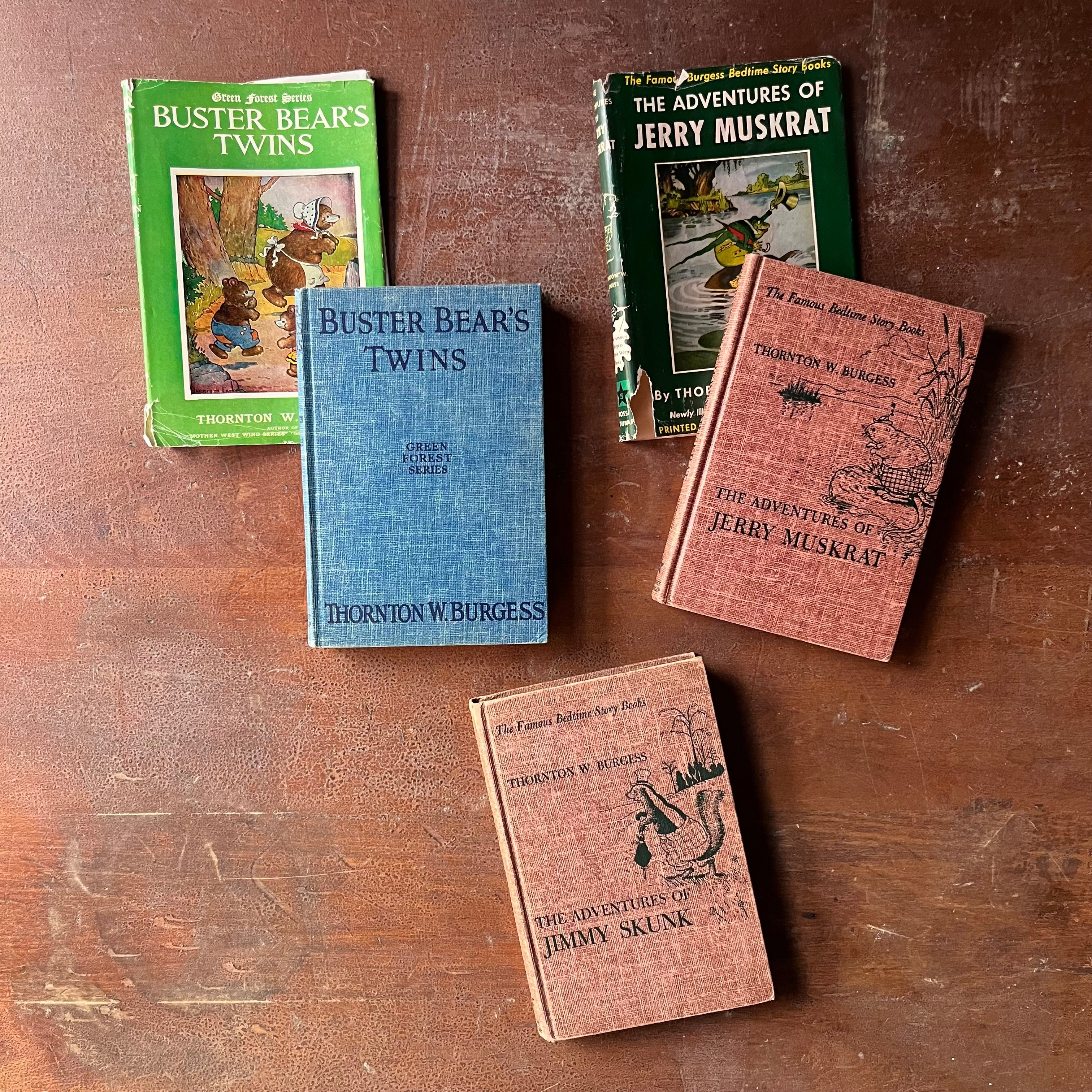 vintage children's chapter books, antiquarian books for children - Set of Three Thorton W. Burgess Books:  Buster Bears Twins, The Adventures of Jerry Muskrat, and The Adventures of Jimmy Skunk all illustrated by Harrison Cady - view of the front covers