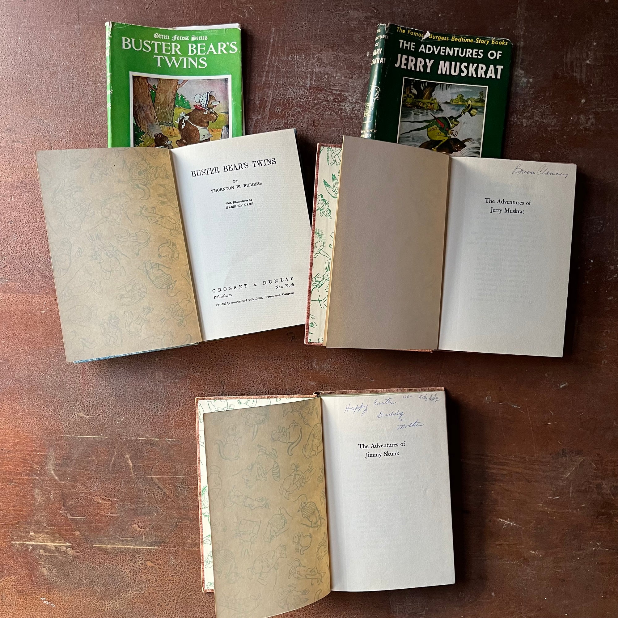 vintage children's chapter books, antiquarian books for children - Set of Three Thorton W. Burgess Books:  Buster Bears Twins, The Adventures of Jerry Muskrat, and The Adventures of Jimmy Skunk all illustrated by Harrison Cady - view of the half title pages