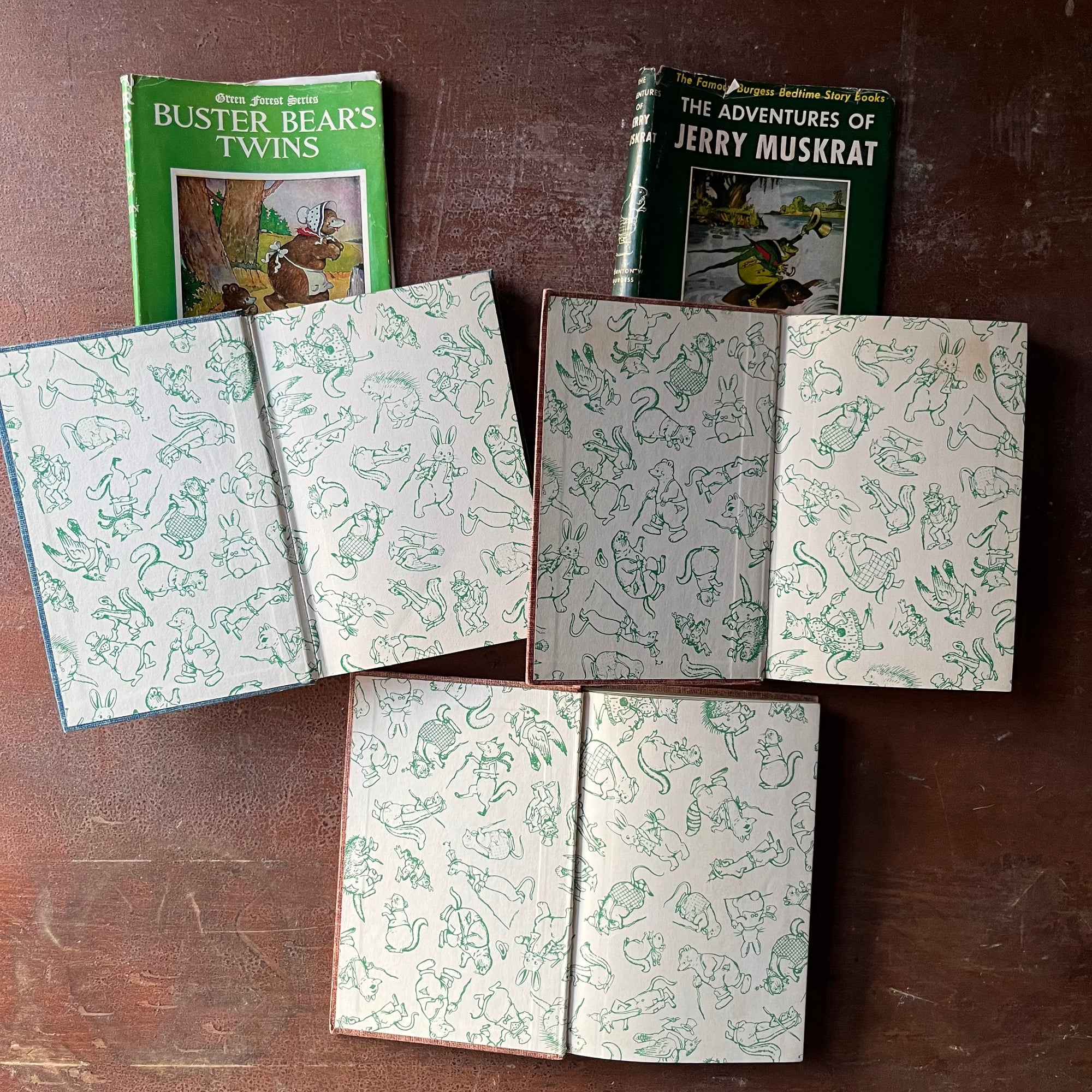 vintage children's chapter books, antiquarian books for children - Set of Three Thorton W. Burgess Books:  Buster Bears Twins, The Adventures of Jerry Muskrat, and The Adventures of Jimmy Skunk all illustrated by Harrison Cady - view of the inside covers