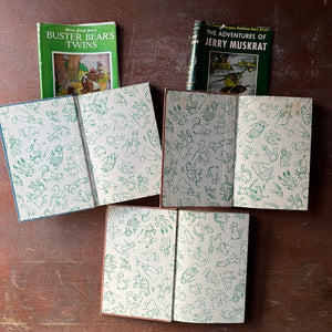 vintage children's chapter books, antiquarian books for children - Set of Three Thorton W. Burgess Books:  Buster Bears Twins, The Adventures of Jerry Muskrat, and The Adventures of Jimmy Skunk all illustrated by Harrison Cady - view of the inside covers