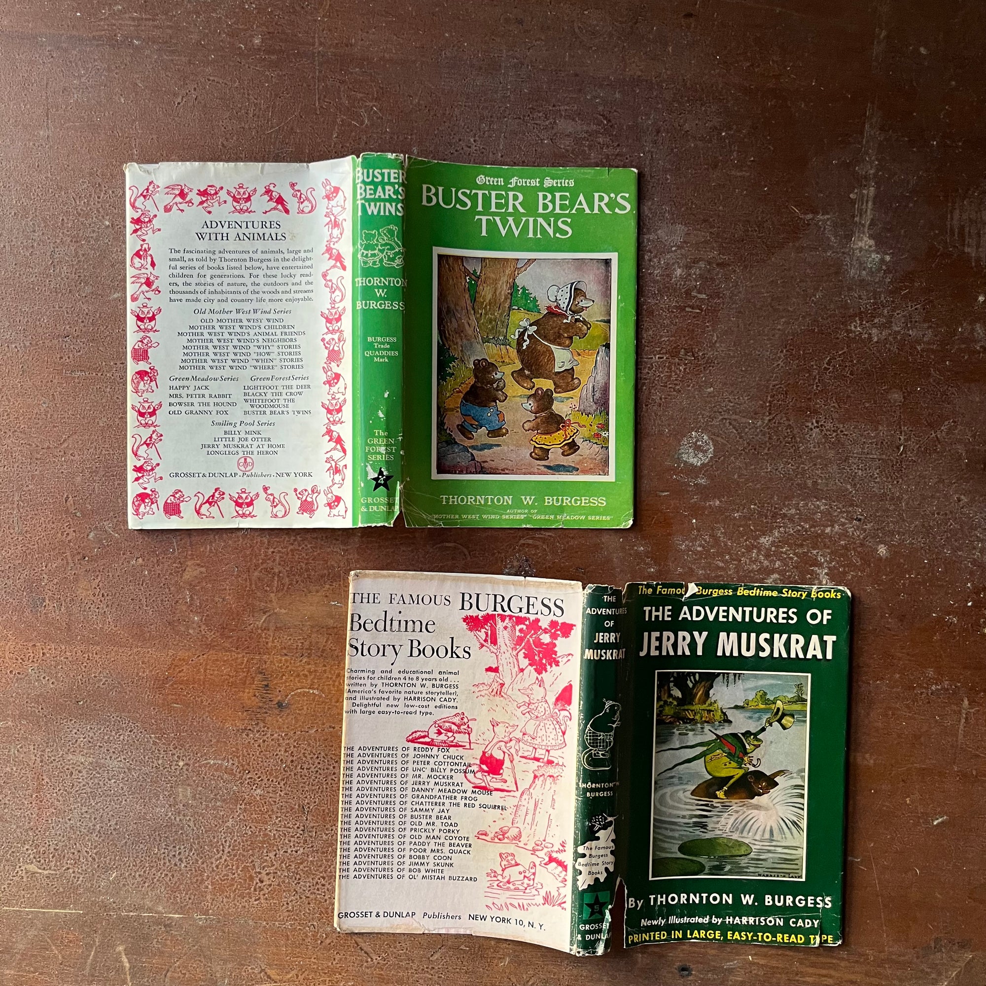 vintage children's chapter books, antiquarian books for children - Set of Three Thorton W. Burgess Books:  Buster Bears Twins, The Adventures of Jerry Muskrat, and The Adventures of Jimmy Skunk all illustrated by Harrison Cady - view of the front & back of the dust jackets