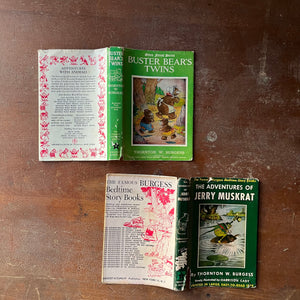 vintage children's chapter books, antiquarian books for children - Set of Three Thorton W. Burgess Books:  Buster Bears Twins, The Adventures of Jerry Muskrat, and The Adventures of Jimmy Skunk all illustrated by Harrison Cady - view of the front & back of the dust jackets