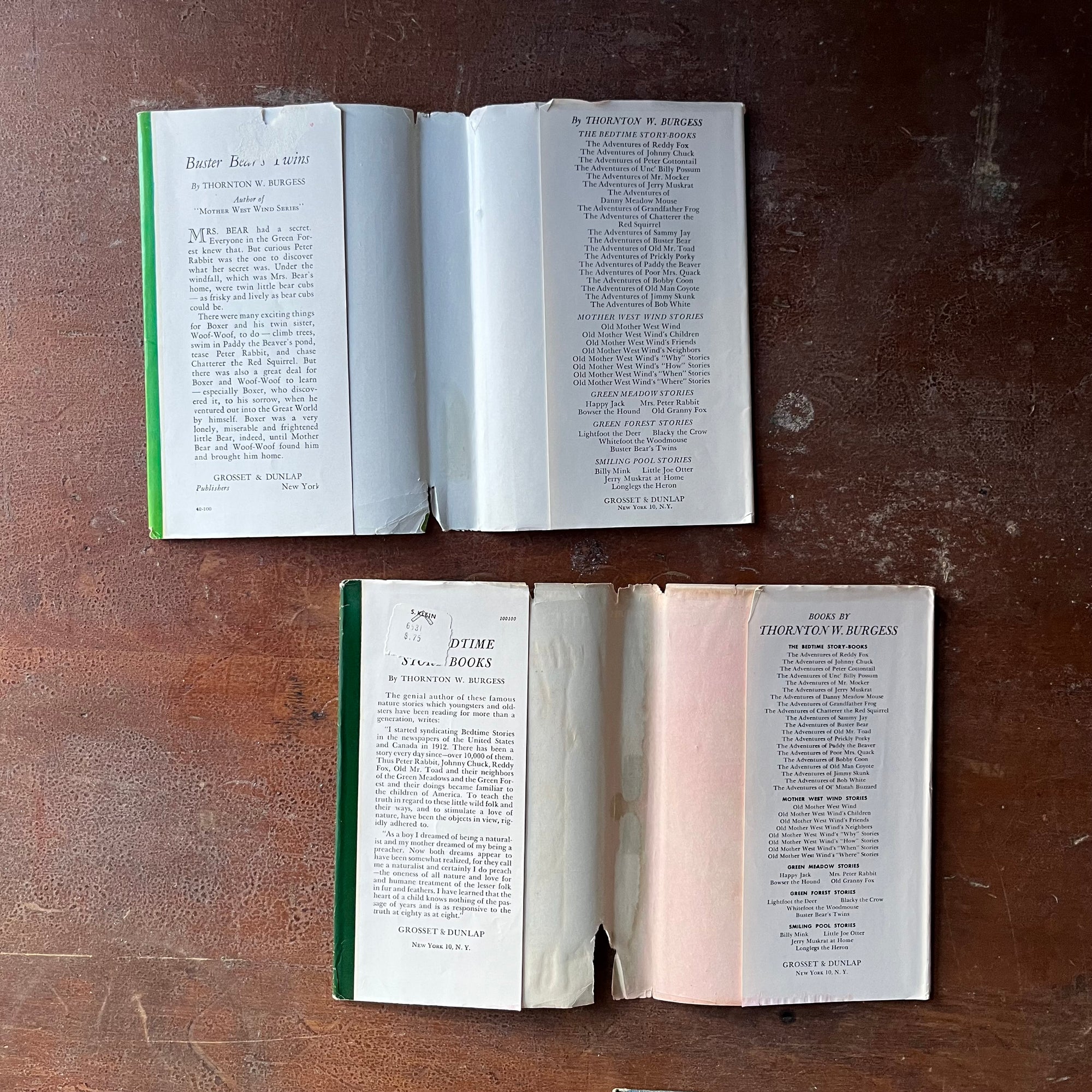 vintage children's chapter books, antiquarian books for children - Set of Three Thorton W. Burgess Books:  Buster Bears Twins, The Adventures of Jerry Muskrat, and The Adventures of Jimmy Skunk all illustrated by Harrison Cady - view of the dust jacket's inside flaps