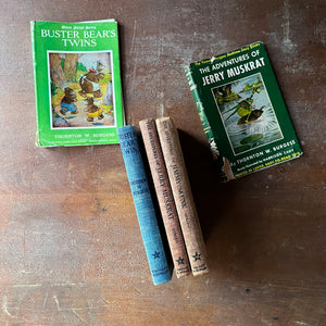 vintage children's chapter books, antiquarian books for children - Set of Three Thorton W. Burgess Books:  Buster Bears Twins, The Adventures of Jerry Muskrat, and The Adventures of Jimmy Skunk all illustrated by Harrison Cady - view of the spines