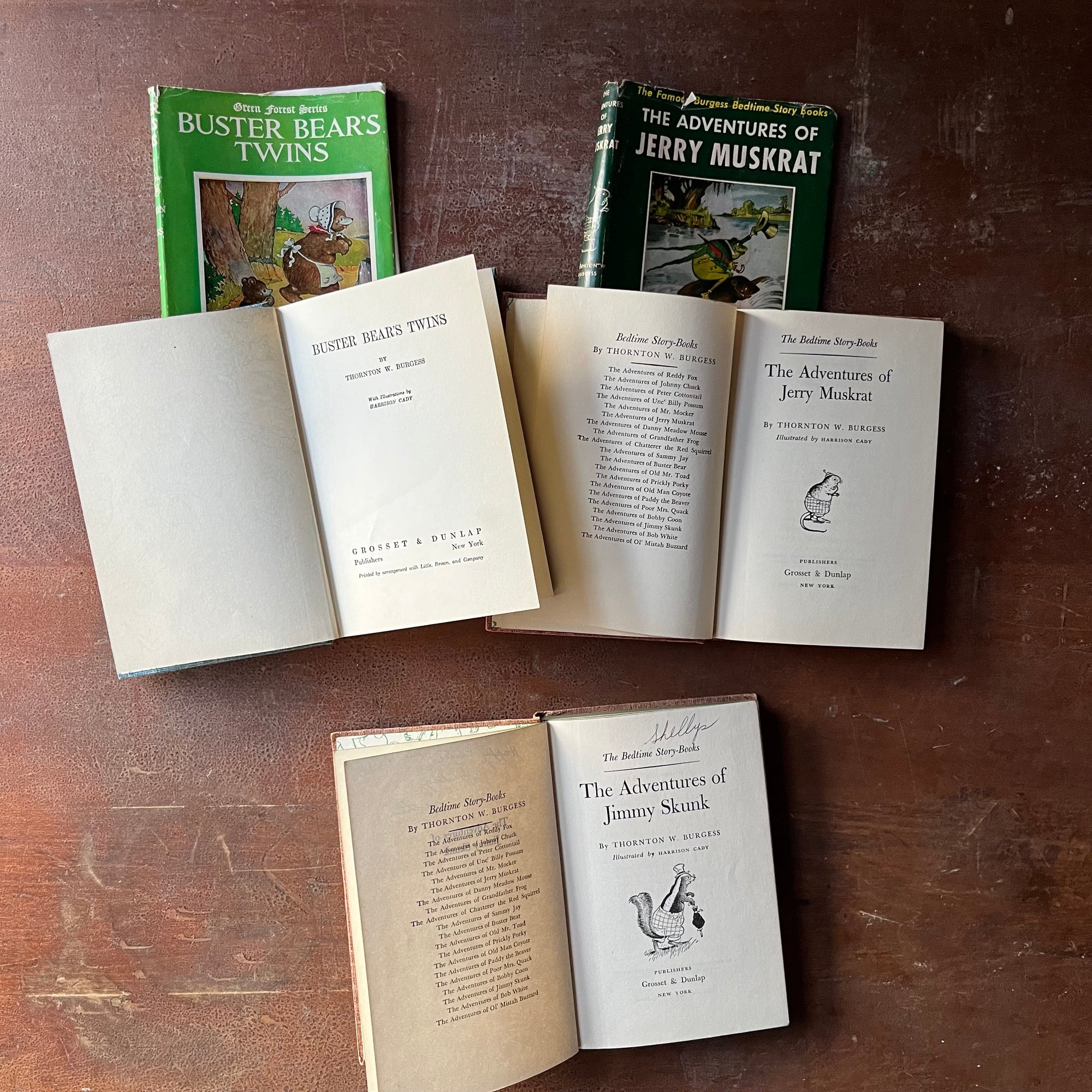 vintage children's chapter books, antiquarian books for children - Set of Three Thorton W. Burgess Books:  Buster Bears Twins, The Adventures of Jerry Muskrat, and The Adventures of Jimmy Skunk all illustrated by Harrison Cady - view of the title pages