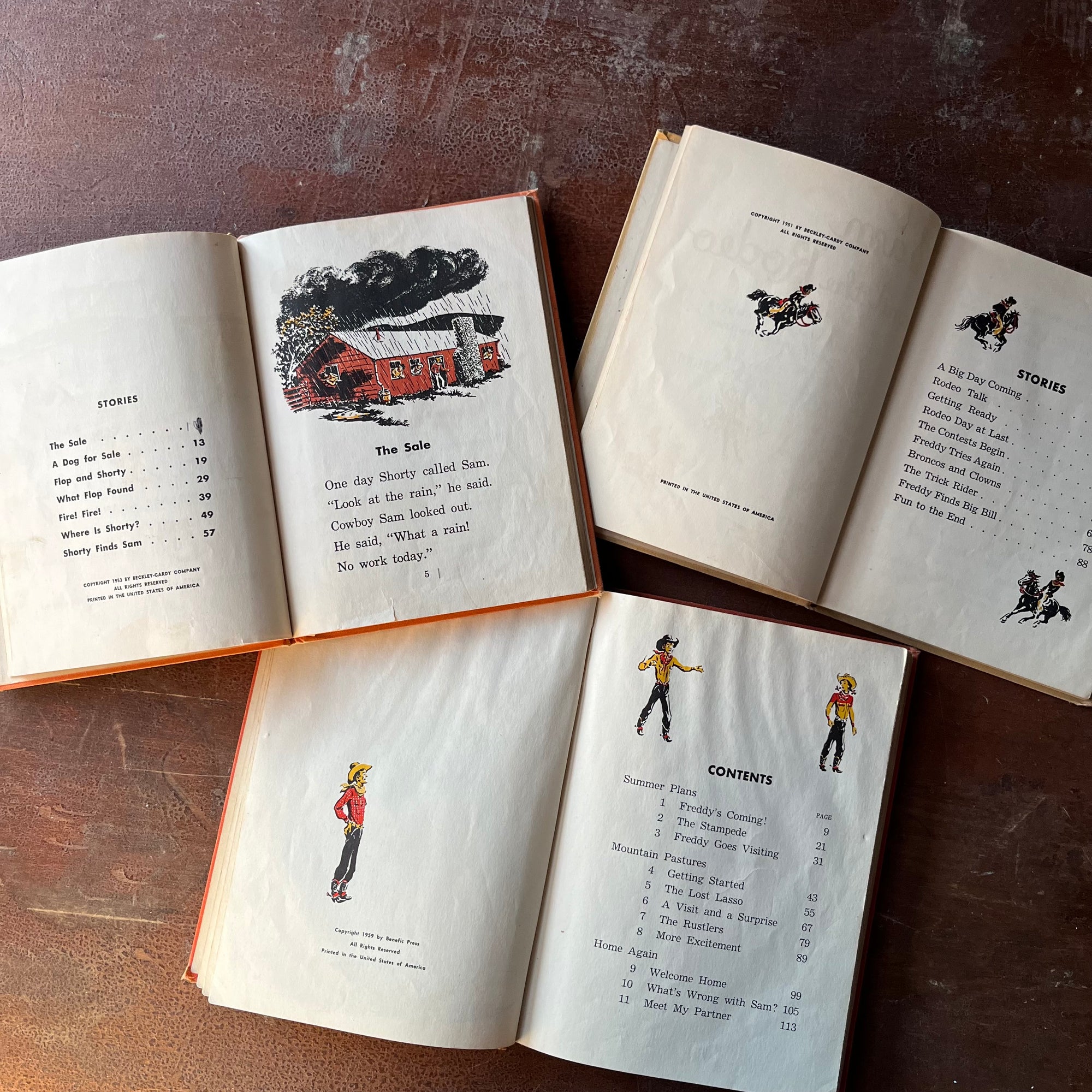 vintage children's early readers - Set of Three Vintage Cowboy Sam Books-Cowboy Sam & the Rodeo, Cowboy Sam & the Rustlers & Cowboy Sam and Shorty written by Edna Walker Chandler with illustrations by Jack Merryweather - view of the copyright & contents pages
