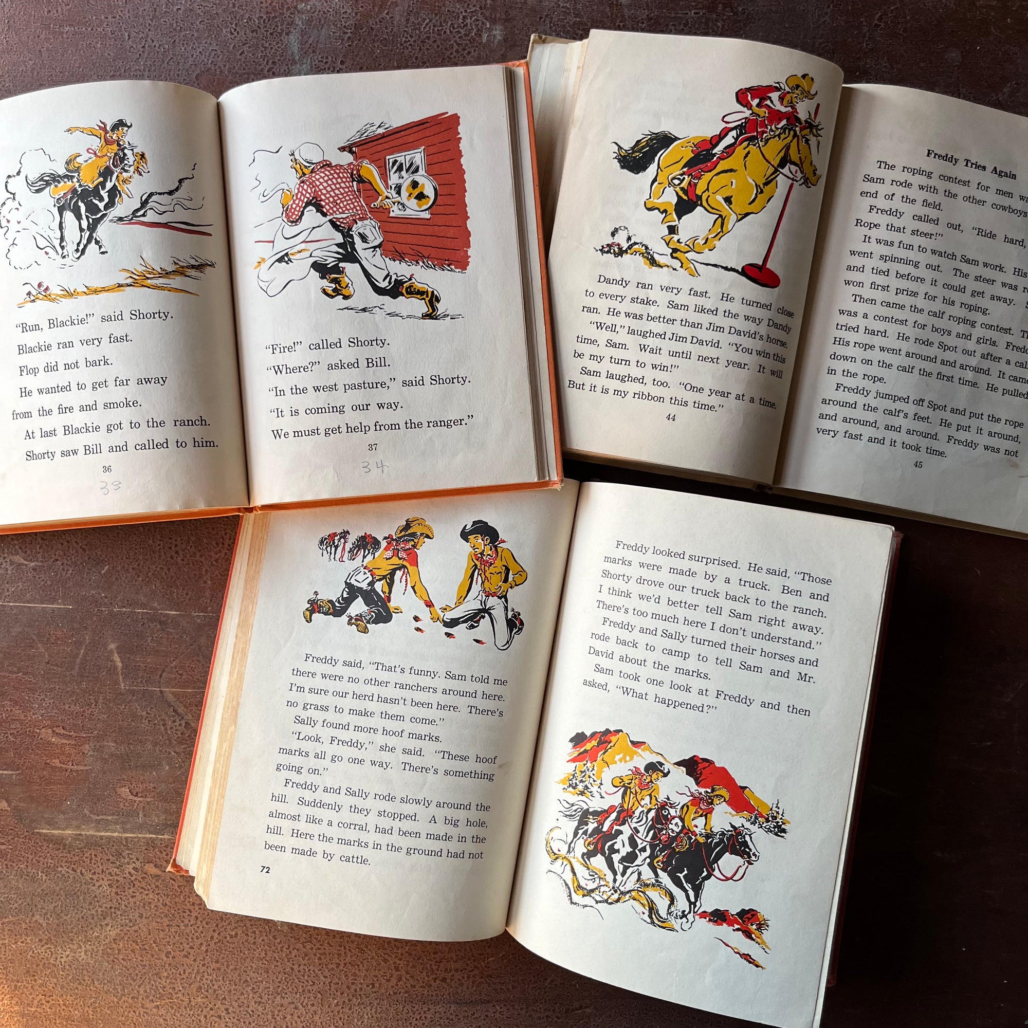 vintage children's early readers - Set of Three Vintage Cowboy Sam Books-Cowboy Sam & the Rodeo, Cowboy Sam & the Rustlers & Cowboy Sam and Shorty written by Edna Walker Chandler with illustrations by Jack Merryweather - view of the yellow, red & black color illustrations