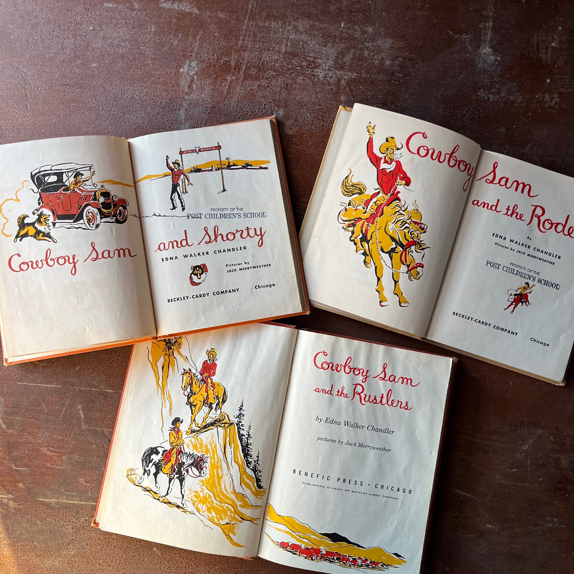 vintage children's early readers - Set of Three Vintage Cowboy Sam Books-Cowboy Sam & the Rodeo, Cowboy Sam & the Rustlers & Cowboy Sam and Shorty written by Edna Walker Chandler with illustrations by Jack Merryweather - view of the title pages in vibrant yellow, red & black colors