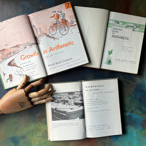 Set of Three Vintage School Mathematics Arithmetic Books-Growth in Arithmetic-Making Sure of Arithmetic-Mathematics in Action-view of the title pages