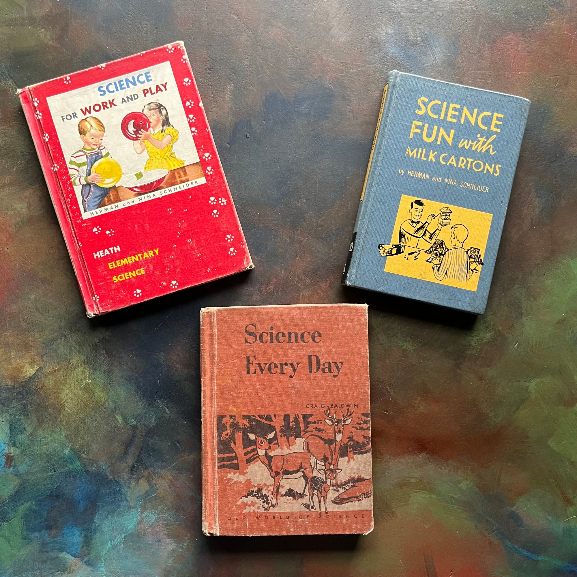 Set of Three Vintage Science Elementary School Books-Science Every Day, Science Fun with Milk Cartons and Science for Work and Play-vintage schoolbooks-view of the front covers