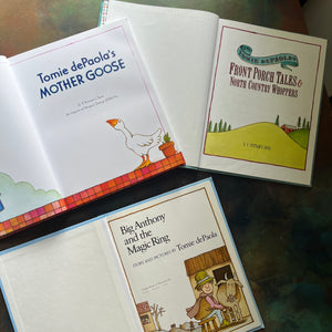 Set of Picture Books written and illustrated by Tomie DePaola -Front Porch Tales & North Country Whoppers-Big Anthony and the Magic Ring-Mother Goose-classic children's stories-view of the title pages