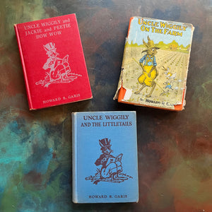 Set of Three Children's Chapter Books in the Uncle Wiggily Series written by Howard R. Garis: Uncle Wiggily on the Farm, Uncle Wiggily and the Littletails, and Uncle Wiggily and Jackie and Peetie and Bow Wow - vintage children's chapter books-view of the front covers with the dust jacket showing for Uncle Wiggily on the Farm
