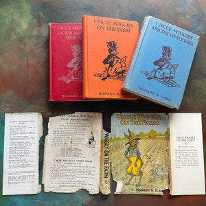 Set of Three Children's Chapter Books in the Uncle Wiggily Series written by Howard R. Garis: Uncle Wiggily on the Farm, Uncle Wiggily and the Littletails, and Uncle Wiggily and Jackie and Peetie and Bow Wow - vintage children's chapter books-view of the dust jacket - very worn & torn condition