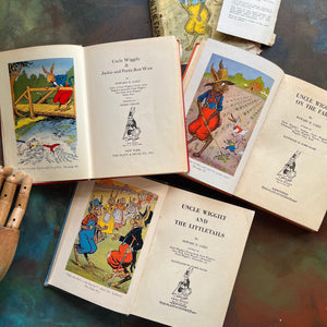 Set of Three Children's Chapter Books in the Uncle Wiggily Series written by Howard R. Garis: Uncle Wiggily on the Farm, Uncle Wiggily and the Littletails, and Uncle Wiggily and Jackie and Peetie and Bow Wow - vintage children's chapter books-view of the title pages and frontispieces