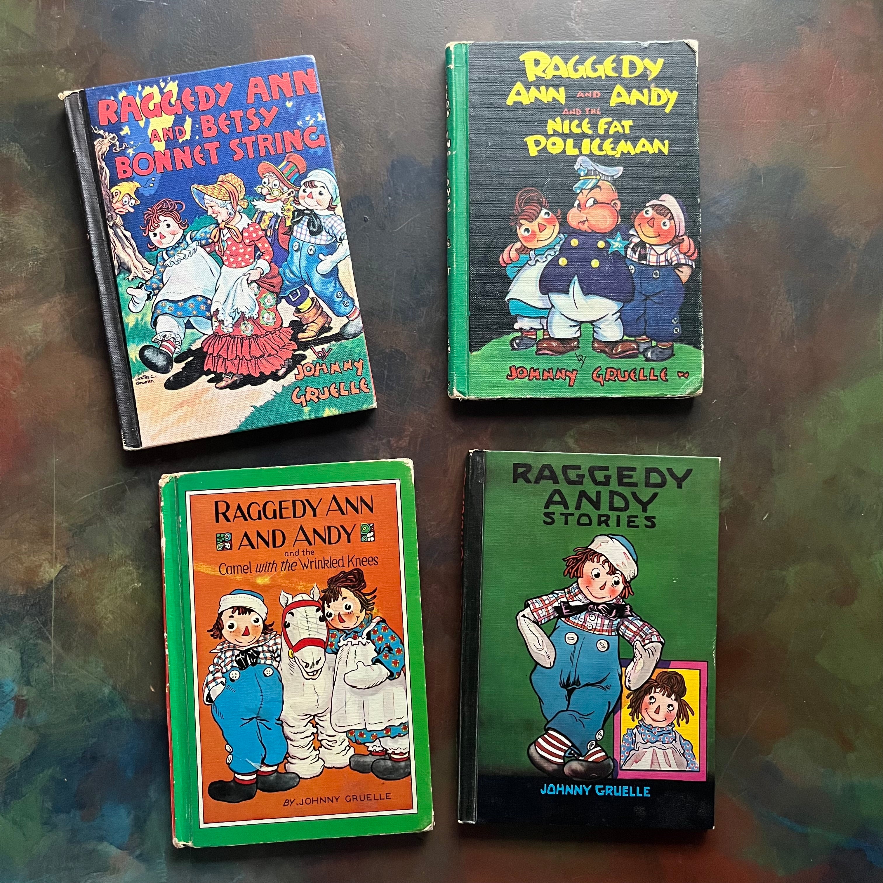 Set of four Raggedy Ann and Andy books written and illustrated by Johnny Gruelle-classic children's stories-heartwarming stories for children-view of the front covers