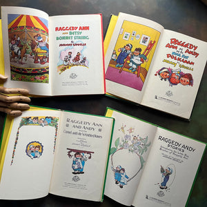 Set of four Raggedy Ann and Andy books written and illustrated by Johnny Gruelle-classic children's stories-heartwarming stories for children-view of the title pages with frontispieces