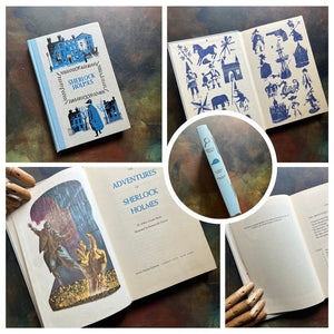 A collage of Junior Deluxe Edition books showing the cover, inside cover, spine, title page and copyright page of the book, The Adventures of Sherlock Holmes, written by Sir Arthur Conan Doyle- vintage children's classic literature books-collectible children's books-rainbow book spines