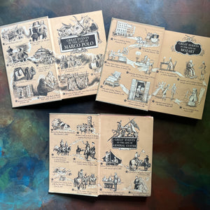 Signature Series Book Set-vintage children's history books-Marco Polo-Custer-Mozart-view of the inside covers with the same design layout on each depicting scenes from each story