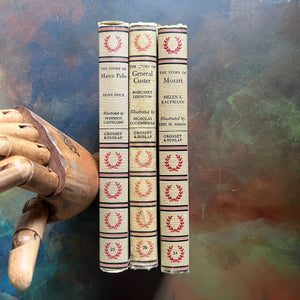 Signature Series Book Set-vintage children's history books-Marco Polo-Custer-Mozart-view of the spines with the iconic signature series design of a red wreath repeated up each spine