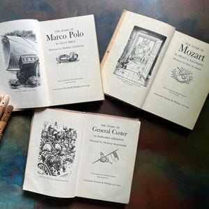 Signature Series Book Set-vintage children's history books-Marco Polo-Custer-Mozart-view of the title pages