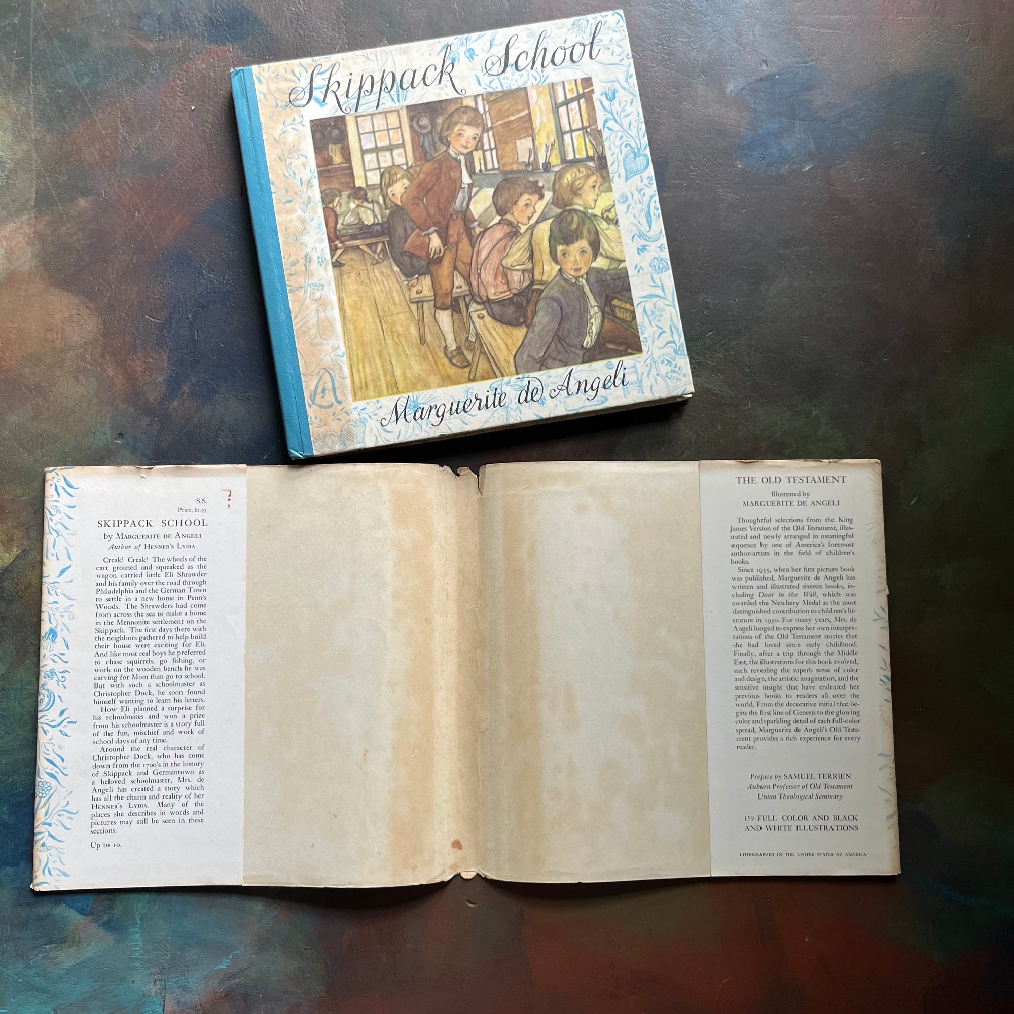 Skippack School written & illustrated by Marguerite de Angeli-vintage children's chapter book-living history book-view of the dust jacket's inside flaps