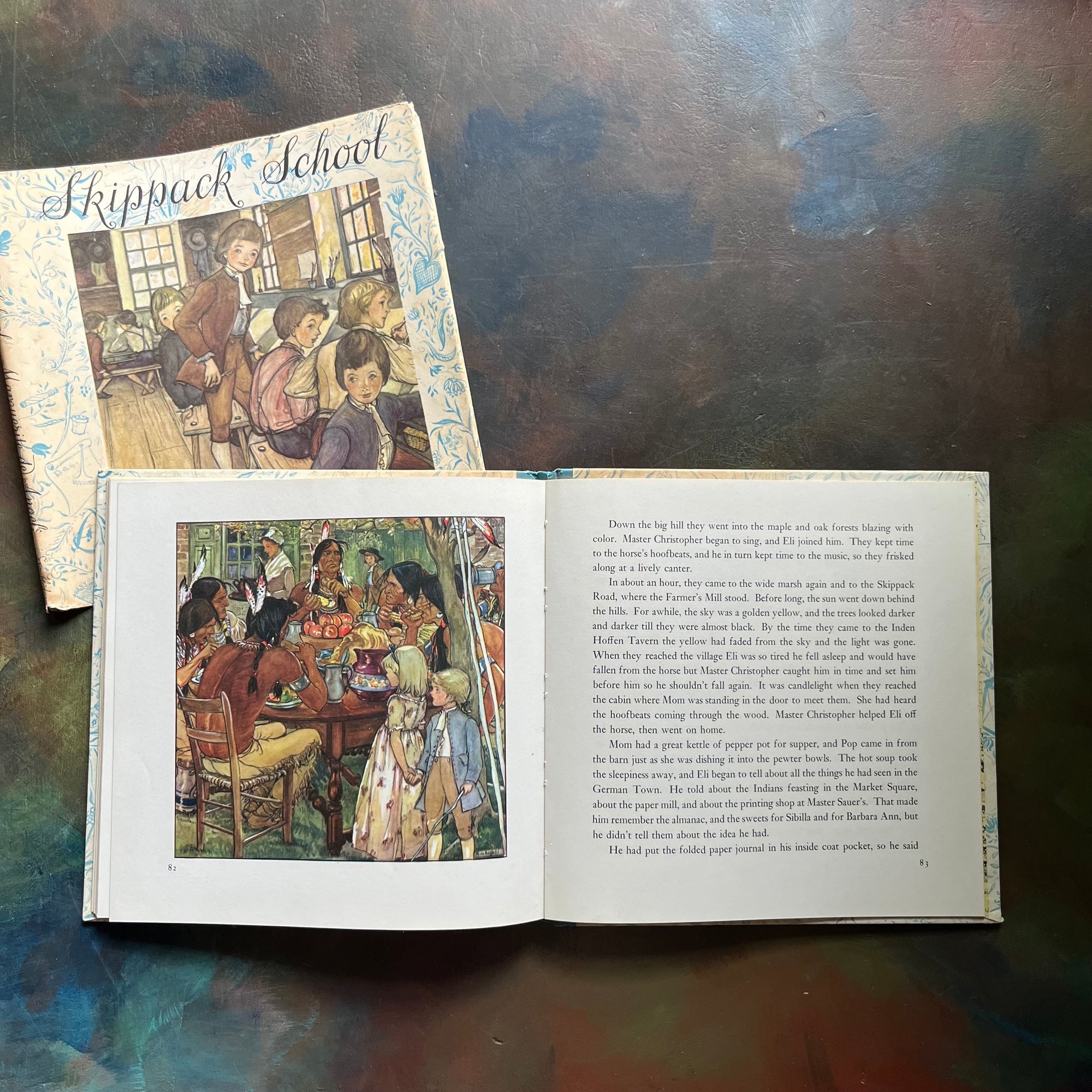Skippack School written & illustrated by Marguerite de Angeli-vintage children's chapter book-living history book-view of the full-page color illustrations