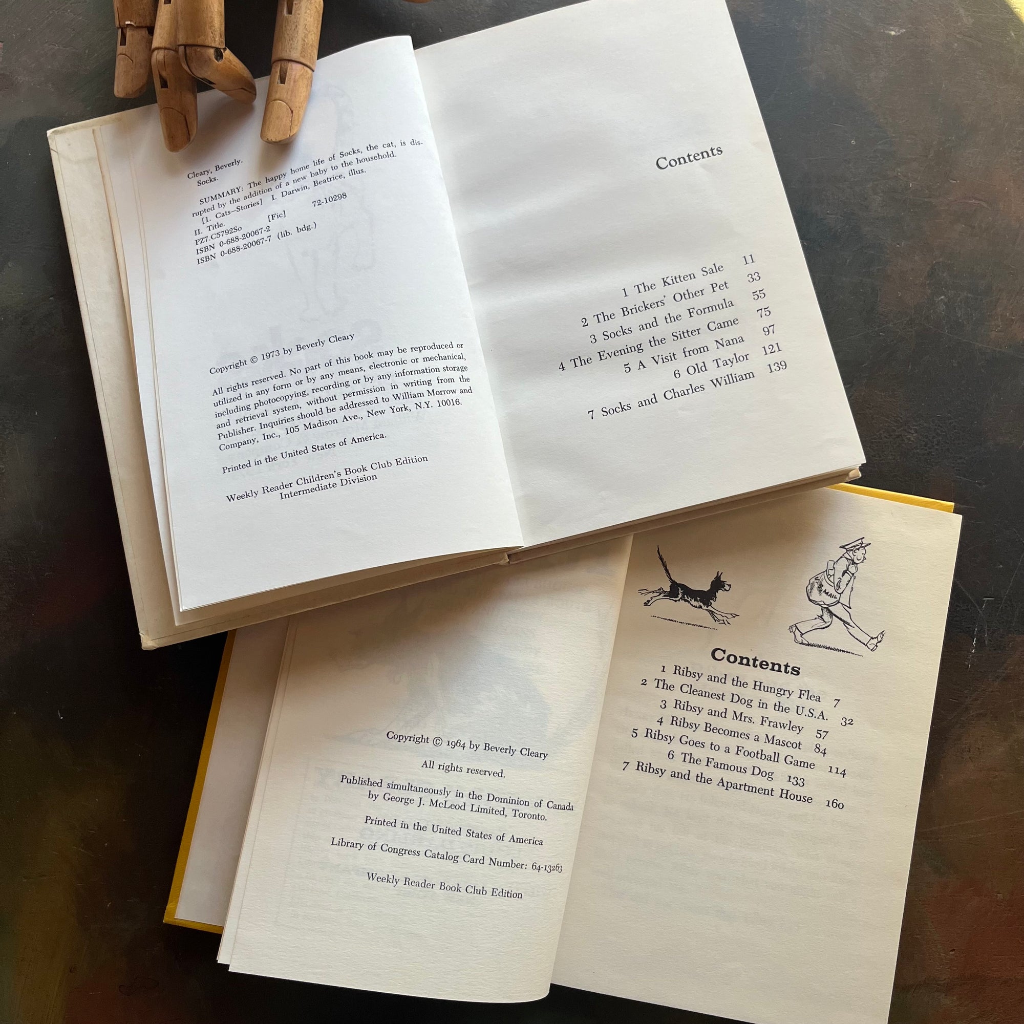 Socks and Risby by Beverly Cleary-Weekly Reader Children's Book Club Editions-vintage children's chapter books-animal stories-view of the copyright and content pages
