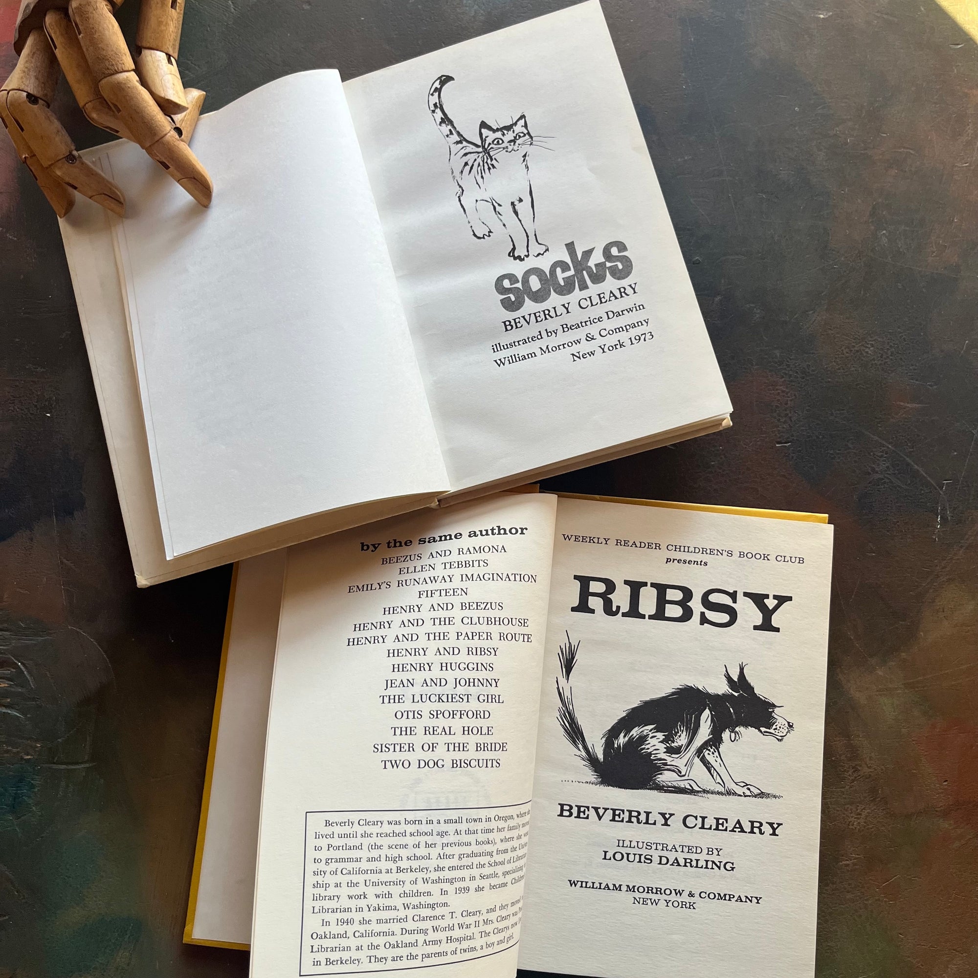 Socks and Risby written by Beverly Cleary-Weekly Reader Children's Book Club Editions-vintage children's chapter books-animal stories-view of the title pages with the same images as the front covers