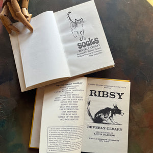 Socks and Risby written by Beverly Cleary-Weekly Reader Children's Book Club Editions-vintage children's chapter books-animal stories-view of the title pages with the same images as the front covers