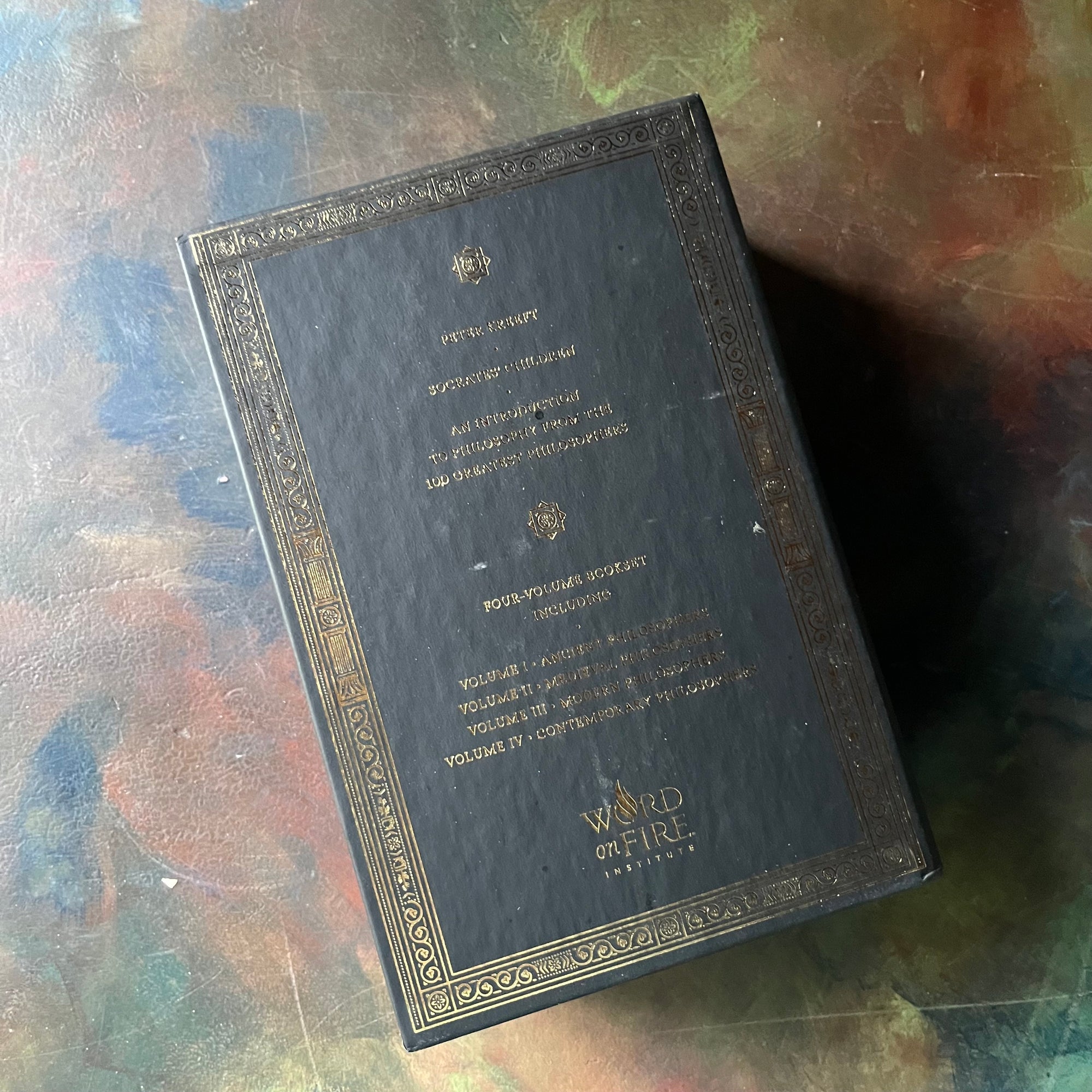Socrates' Children Four Volume Box Set by Peter Kreeft An Introduction to Philosophy-homeschool books teaching Philosophy-Word of Fire Institute-view of the outside of the box sleeve