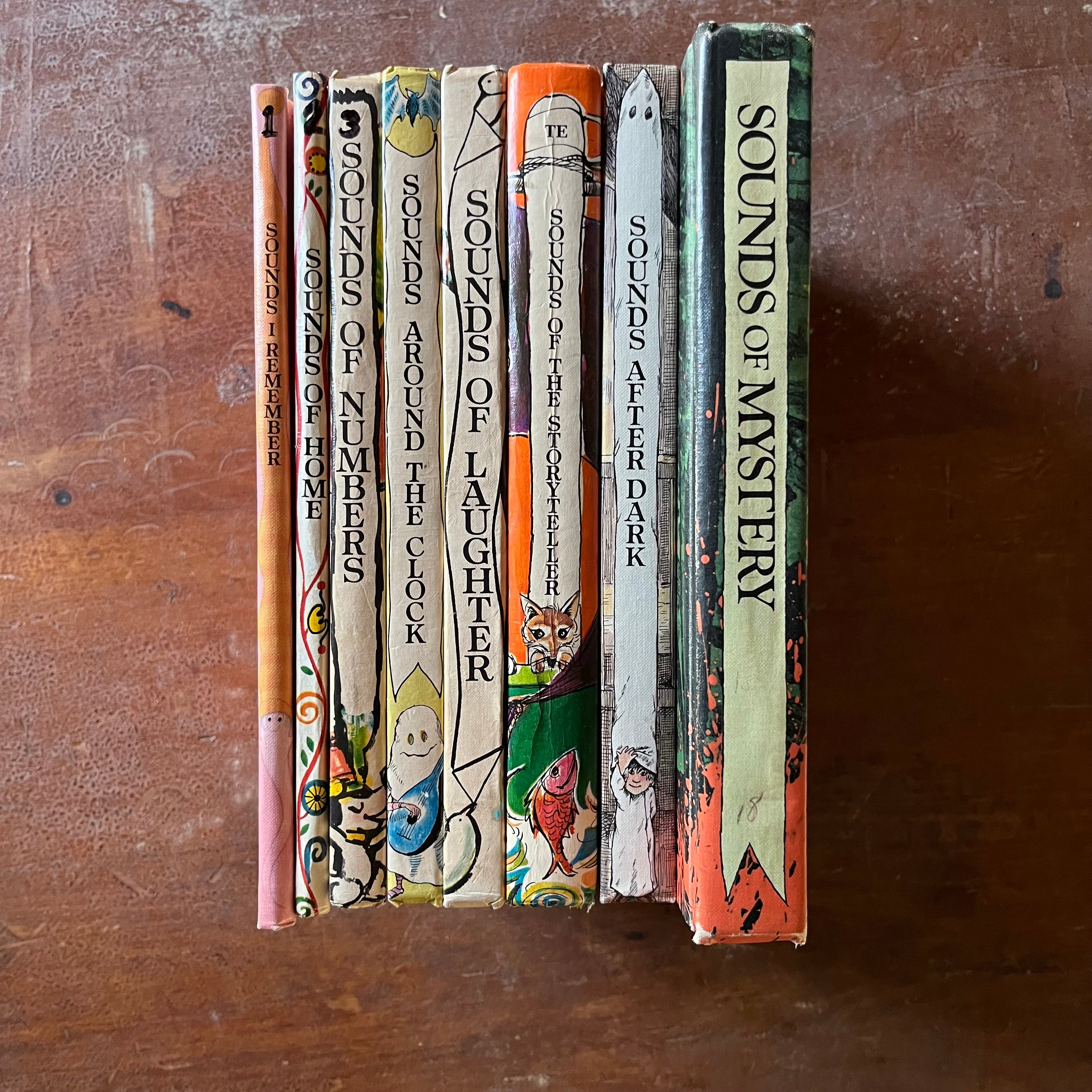 vintage children's school reading textbooks - Sounds of Language Readers written by Bill Martin, Jr. in collaboration with Peggy Brogan - set of 8 books - view of the spines